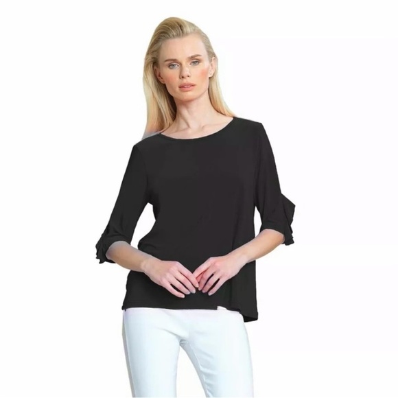 Clara Sunwoo Medium Ruffle Half Sleeve Top Black Made in USA - Picture 2 of 6